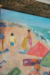 Grace B. Keogh beach scene painting detail: bright red umbrella, figures, and waves.