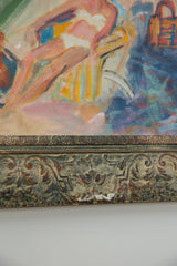 Ornate, distressed frame with scrollwork, showing colorful brushstrokes of the Keogh painting.
