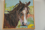 Detail from horse painting showcasing textured brown mane, ear, and abstract blue-green background.