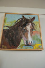 Textured painting of brown horse with yellow flower, artist's initials GBK visible.