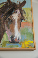 Painting close-up: brown horse's muzzle holding a yellow flower with visible texture.