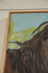 Framed Grace B. Keogh painting corner with textured brown horse, blue sky, and green field.