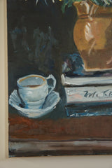 Grace B. Keogh still life detail: white teacup, saucer, coffee bean, and stacked books.