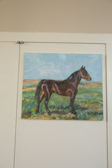 Grace B. Keogh 'Brown Horse' painting, brown horse against green field and light blue sky.