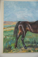 Brown horse painting showcasing textured hindquarters, flowing tail, and green field.