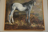 Grace B. Keogh's white horse painting, grey and white, standing in hay, wood framed.