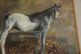 White horse's head with yellow halter, painted with visible brushstrokes and a wooden frame.