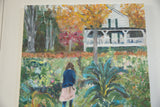 Painterly view of a girl in an autumn garden approaching a distant white house.
