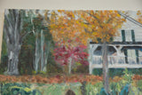 White house with porch and vivid yellow and red autumn foliage painting detail.