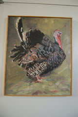Detail of dark textured feathers and artist's signature GBK on the turkey painting.