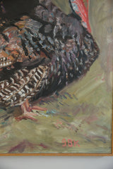 Grace B. Keogh painting detail: pink GBK signature, turkey's foot, and textured feathers.
