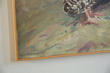 Textured canvas with subtle brushstrokes in soft greens and blues, and wooden frame.