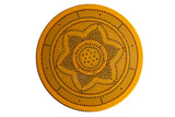 Matt Ulrich round wood painting, Dutch dot style, with gold, burgundy, and grey medallion.