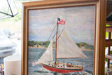 Grace Keogh sailboat painting detail, showing American flag atop mast and wooden frame.