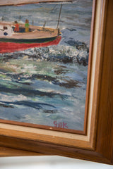 Red 'GBK' artist initials on the painting's blue water, framed in vintage wood and linen.