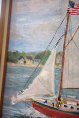 Grace Keogh painting: red sailboat bow splashing through blue water.