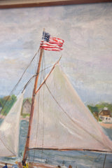Grace Keogh sailboat painting detail: American flag, mast, and visible canvas texture.