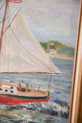 Red sailboat hull and figures navigating textured blue waves in Grace Keogh's painting.