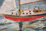 Textural detail of Grace Keogh sailboat painting, red hull and choppy blue-green water.