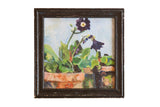 Grace Keogh Potted Flowers painting: dark purple blooms, green leaves, distressed black frame.