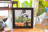 Grace Keogh Potted Flowers painting, dark purple blooms with distressed black frame.