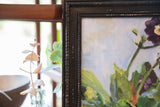 Distressed black vintage frame and green foliage of Grace Keogh Potted Flowers painting.