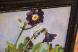 Grace Keogh painting detail: dark purple flower with white center and thick brushstrokes.