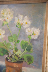 Grace Keogh painting detail: textured terracotta pot and vibrant green leaves.