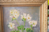 Thick impasto brushwork of white flowers with an ornate vintage frame detail.
