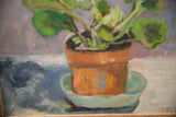 Grace Keogh painting detail showcasing textured terracotta pot and light blue saucer.