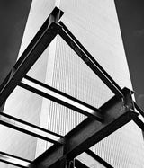Architectural detail of steel I-beams framing the World Trade Center during construction.