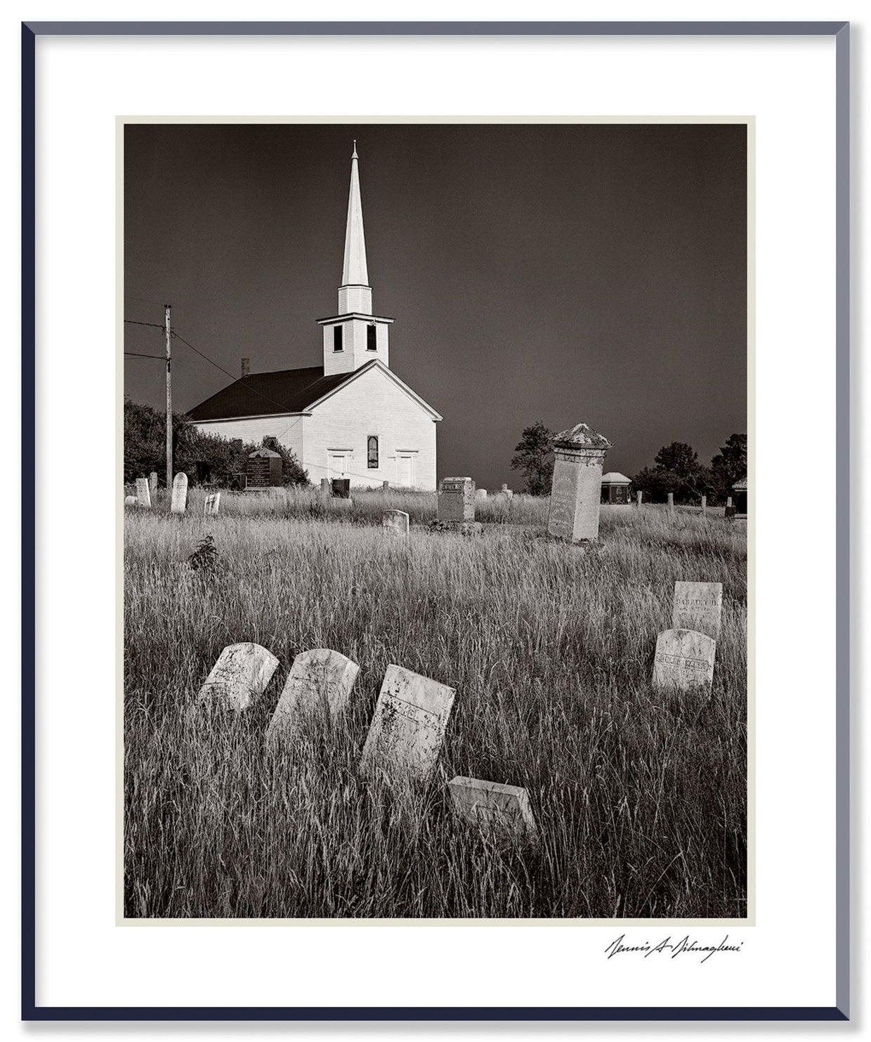 Dilmaghani Black and White Photograph, Church and Cemetery, ME