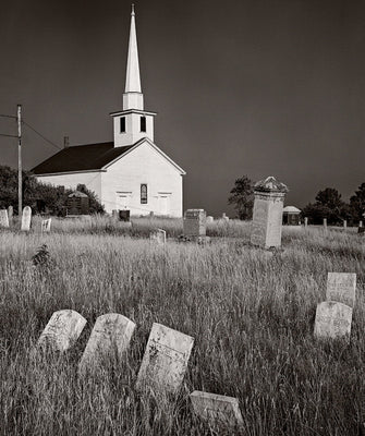 Dilmaghani Black and White Photograph, Church and Cemetery, ME