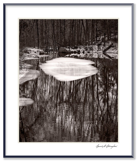 Dilmaghani Black and White Photograph, Tree Reflections, Ice on Pond, CT