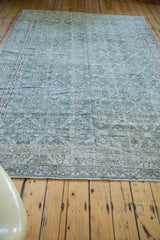 Distressed vintage Oushak carpet, blanched ocean green blue allover lattice design.