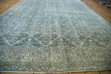 Distressed blanched ocean green-blue Oushak carpet with allover lattice design and muted border.