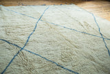 Thick, shaggy pale ivory pile texture with chalk-sky blue geometric lines.
