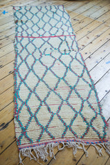 Vintage Moroccan runner fringe and textured ivory pile with hot pink, aqua lattice.