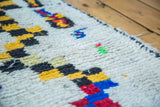 Close-up showing the shaggy pile and geometric stepped checker patterns in saffron, black, red, and blue.