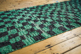 Furry mint green and charcoal geometric pattern on a vintage Moroccan rug runner.