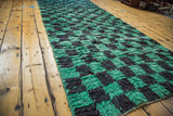 Furry texture and geometric pattern in mint green and charcoal on this vintage Moroccan rug.