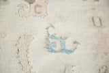 Vintage Oushak rug close-up showing soft platinum ivory pile and subtle aqua blue motif.