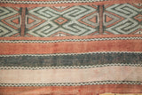 Vintage Jijim carpet with bold charcoal, platinum geometric motifs and wine red striped sections.