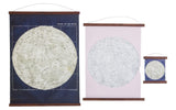 Moon chart wall art in navy blue and pink shown side-by-side to compare available sizes.