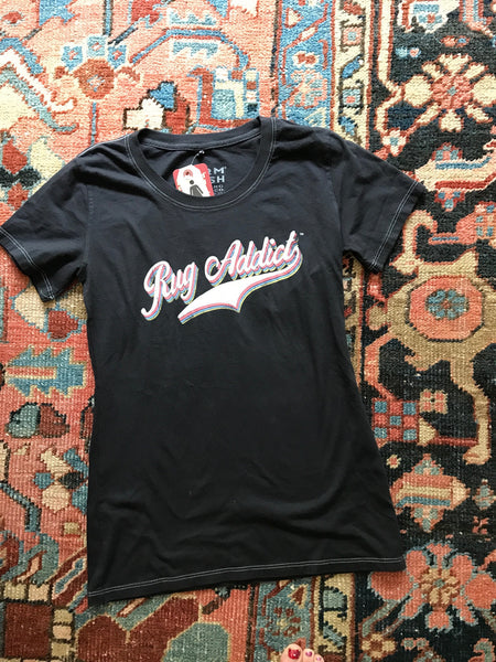 Women's Charcoal Retro Letter Fine Scoop Neck T-Shirt (Contrast Stitch) - Old New House