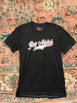 Men's charcoal crew t-shirt with a retro 'Rug Addict' logo and white contrast stitching.