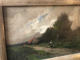 Oil brushwork detail of a traveler and dark trees from the 19th-century landscape painting.