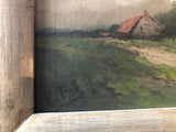 Corner of an antique farm landscape painting showing artist's signature and reclaimed wood frame.