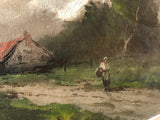 Detail of the rustic farmhouse and traveler in an antique oil on canvas painting.