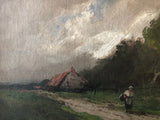 Aged canvas texture and detailed brushwork on the antique oil painting.